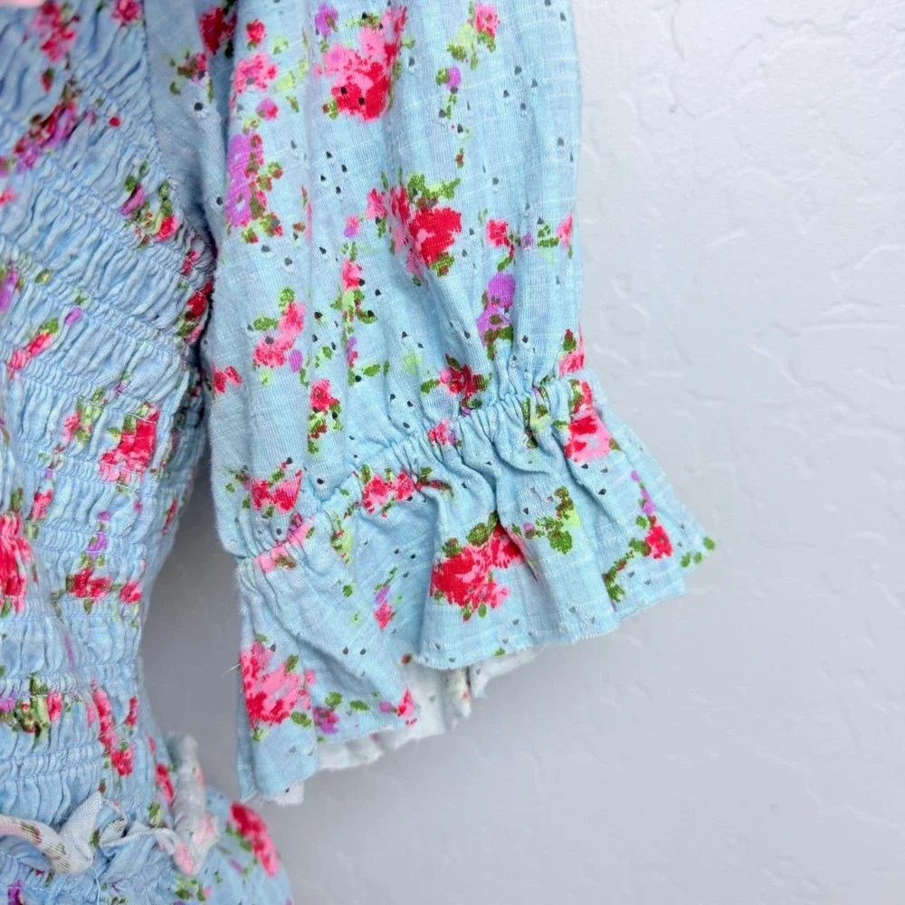 Free People Favorite Girl Floral Ruffle Smocked Top Blue Pink Cotton Size M